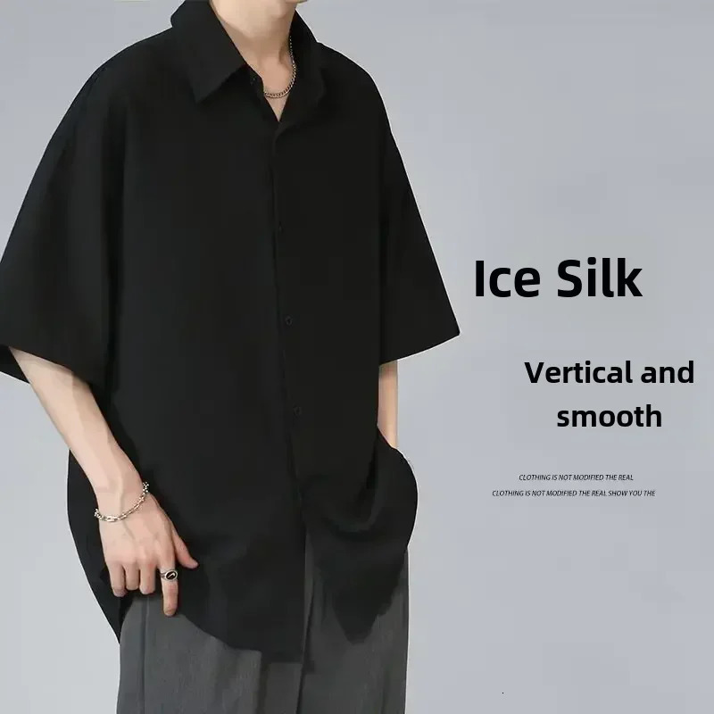 Mens Ice Silk Short Sleeve Shirt Casual Loose Fit Korean Style Trendy Black Shirt For Summer Thin Sleeve Casual 250707