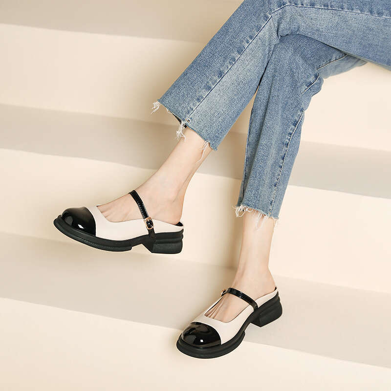 Q1-1 Color Block Mary Jane Shoes for Women British Style Shallow Mouth Niche Design Backless Closed Toe Chunky Heel Slippers