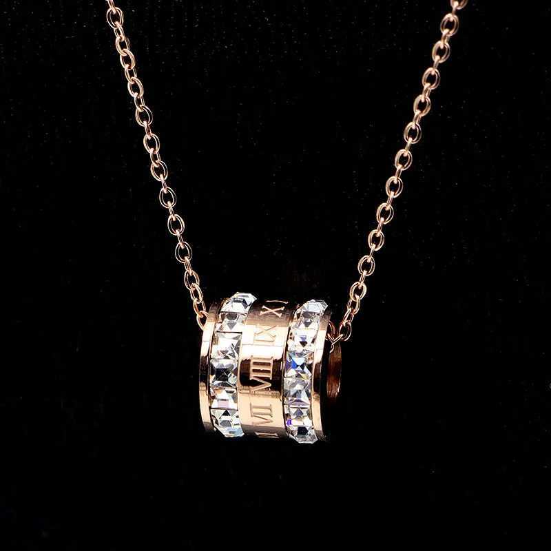 Beautiful Ran Numerals Two Laps Zircon Pendant Necklace For Women Titanium Steel Rose Gold Color Necklace Jewelry Gift W250712