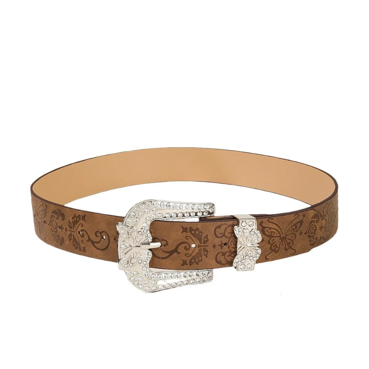 Fashion Retro Embossing Butterfly Diamond Buckle Brown Bb Belt for Women Leather Jeans Y2k Belt Punk Goth Accessories 250711