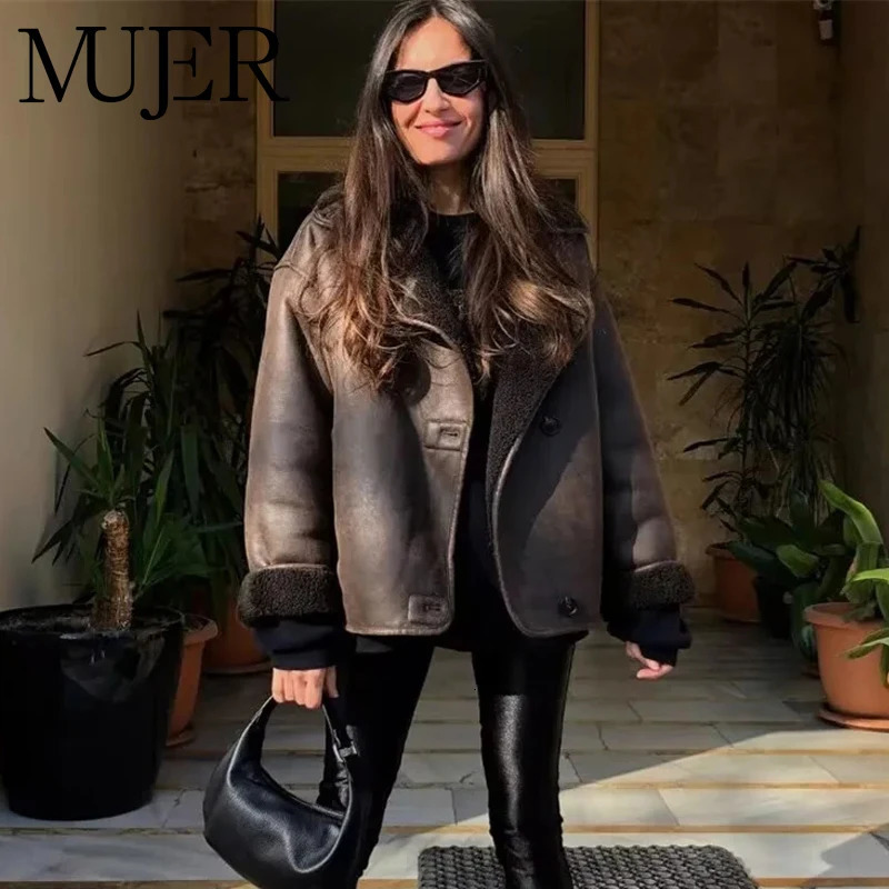 MUJER Faux Leather Jackets for Women Winter Warm Bomber Jacket Woman Long Sleeve Womens Coats Plush Oversized Womens Jackets 250709
