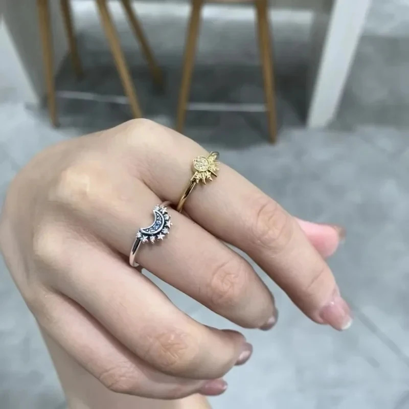 2PCS Set Gold Color Sun Blue Sparkling Moon Ring For Men Women Star Couple Silver Engage Love 250704