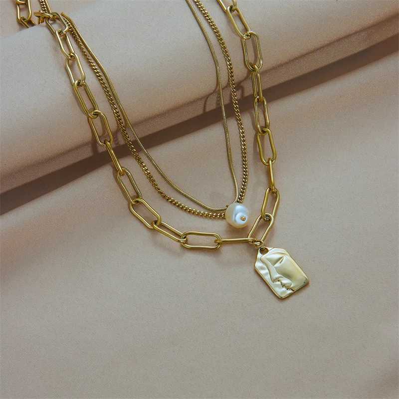 316L Stainss Steel 3-Layer Pearl Square Portrait Pendant Necklace For Wen Punk Street Trend Chain Neck Jewelry Gift W250712