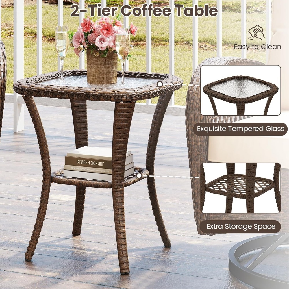 3 Pieces Wicker 360° Dwe74 Swivel Rocker Set Patio Furniture, Rocking Chairs With Cushions, Tempered Glass Coffee Table, Outdoor Ratt