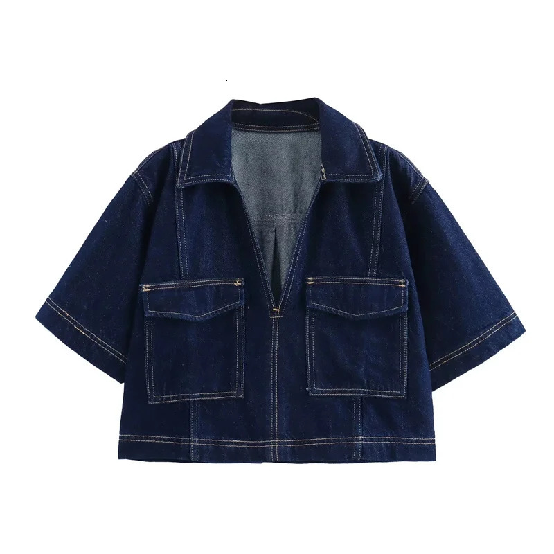 Blue Denim Shirt Woman Short Sleeve Cropped Women Summer Tops Streetwear Y2k Stylish Womens Blouse 250707