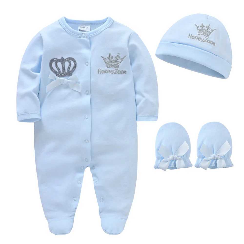 2024 Autumn 3 Pcs/lot Baby Boy Clothes Set 3M 6M 9M 100% Cotton Blue Crown Design Newborn Jumpsuit Z250712