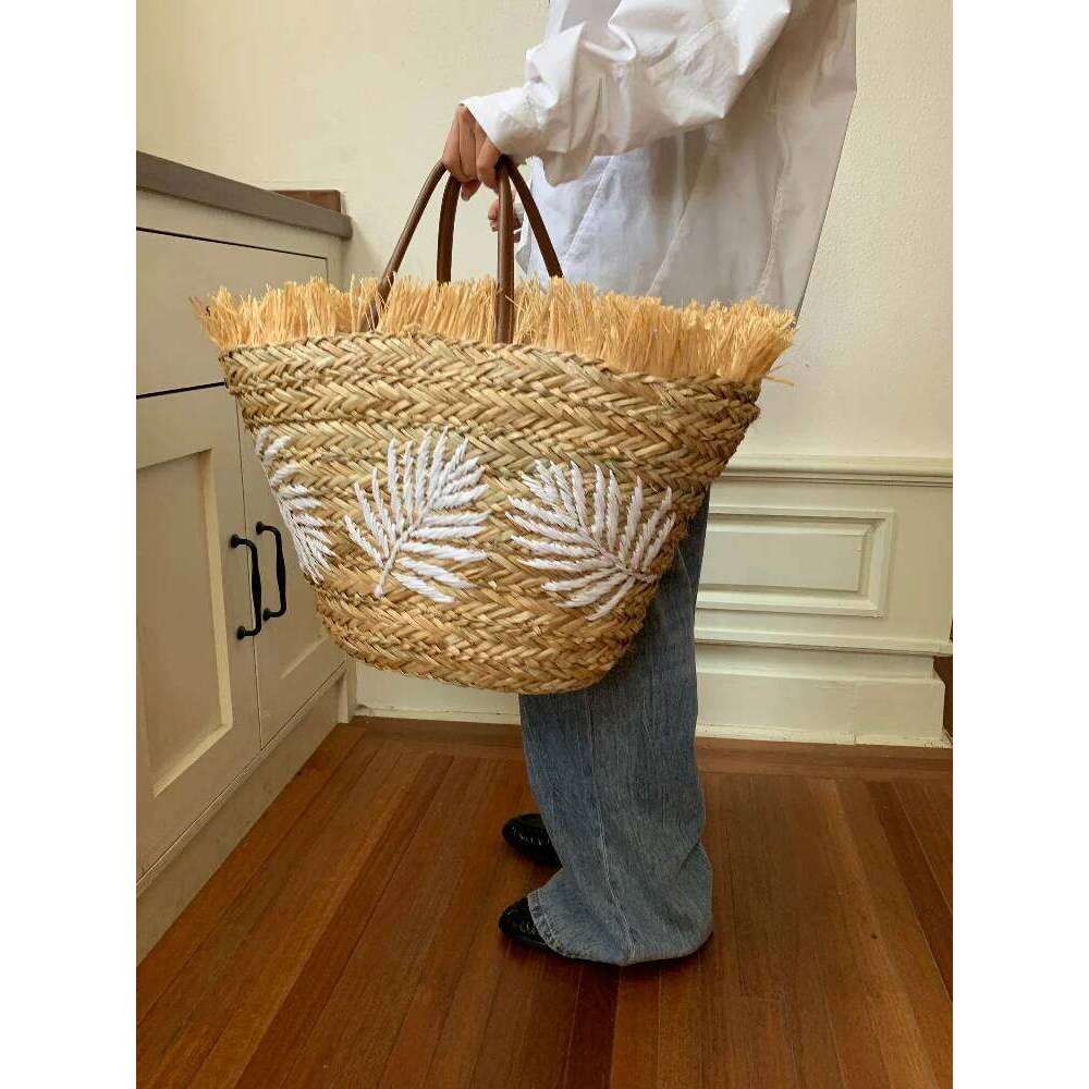 Summer Stripe Tote Straw Women's New Beach Seaside Outdoor Travel Vacation Large Capacity Shoulder Bag Portable Basket