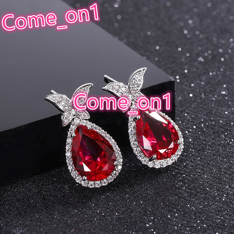 New Exquisite Butterfly Design Big Pear Shaped Red Crystal Cubic Zirconia Earring for Women Wedding Jewelry Drop Earrings