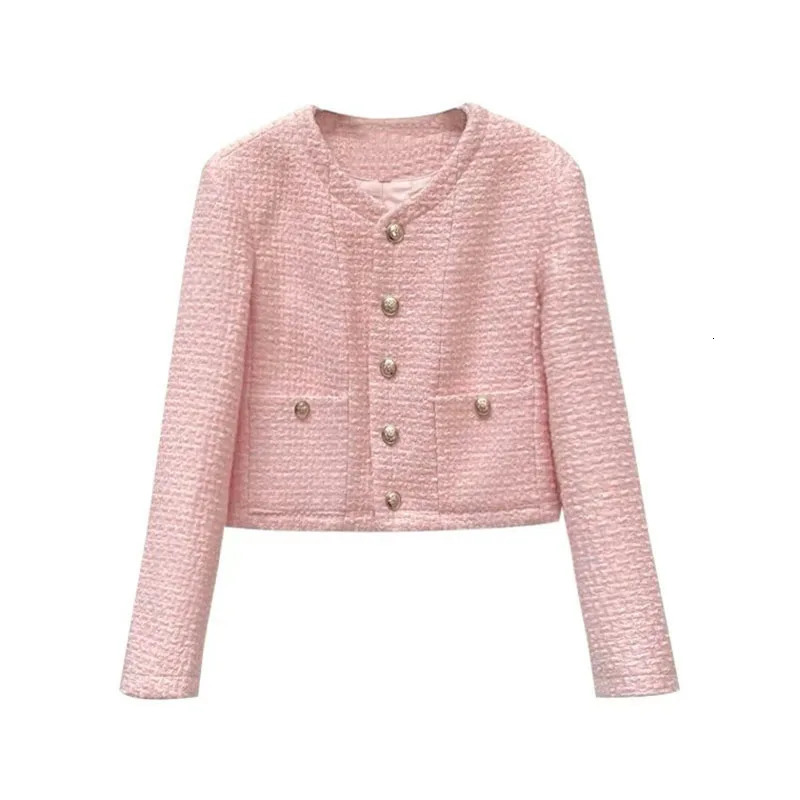Pink Korean Tweed Cropped Jackets Tops Women Sweet O-neck Long Sleeve Short Abrigos Vintage Single Breasted Coats Blusas 250709