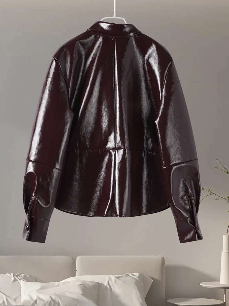 Solid Leather Bomber Jacket For Women Y2k Lapel Single Breasted Motorcycle Coat Female Autumn New Fashion Lady Chic Tops