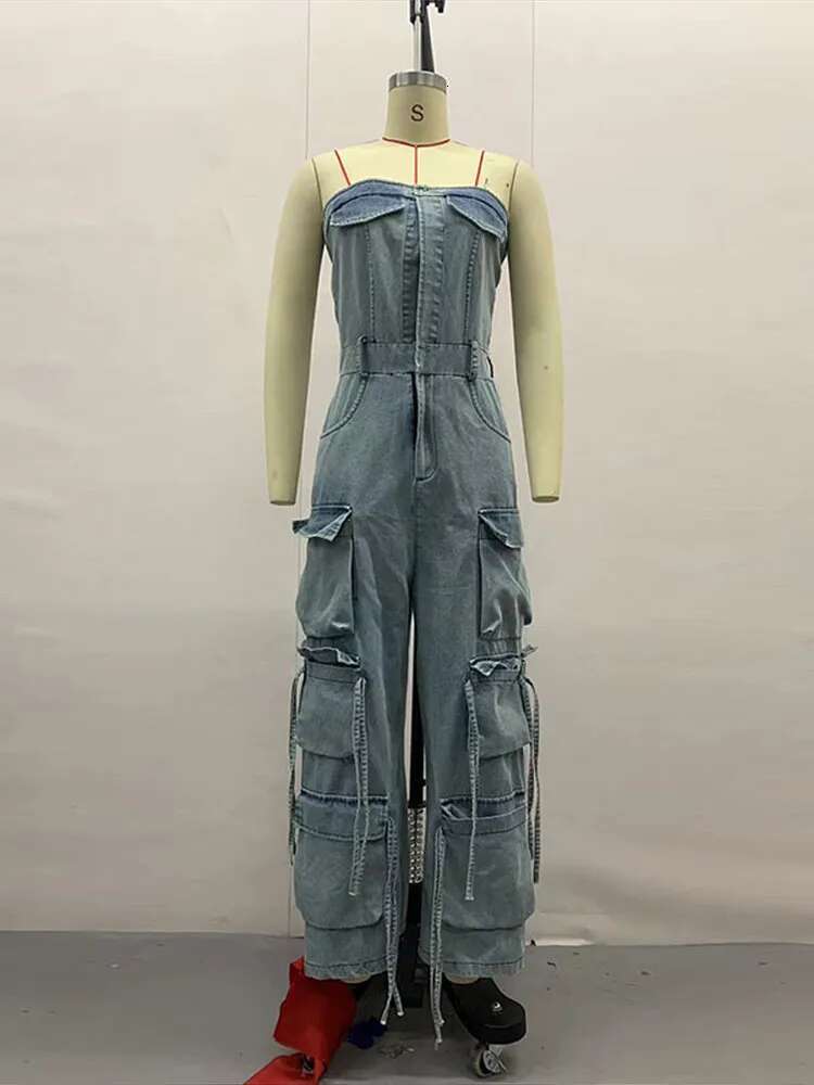 Strapless Backless Women Jumpsuit Denim Off Shoulder Lady Jumpsuits 2025 Sexy Fashion Pockets Buttons Wide Leg Female Romper