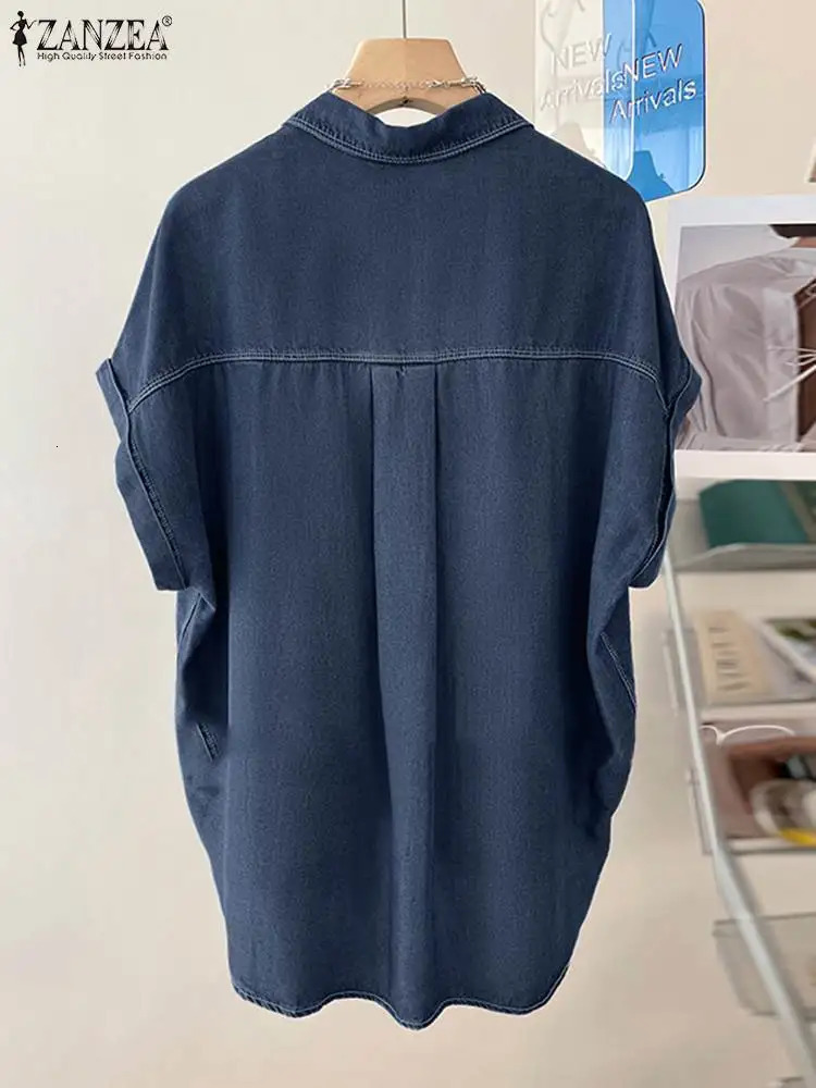 ZANZEA Women Demin Blue Blouse 2024 Elegant Short Sleeve Casual Solid Loose Tops Tees Summer Button Up Lapel Oversized Blusas 250704