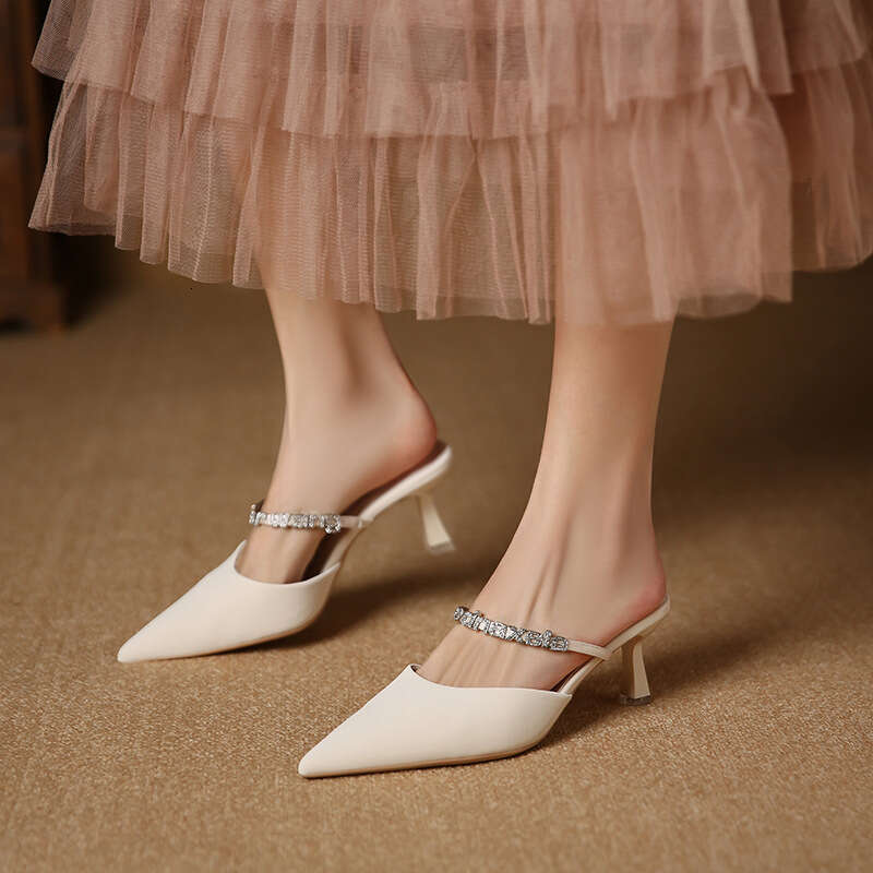 699-19 Peep Half Slippers for Women 2023 New Style Elegant Rhinestone Outdoor High Heels Pointed Toe Stiletto Women's Shoes