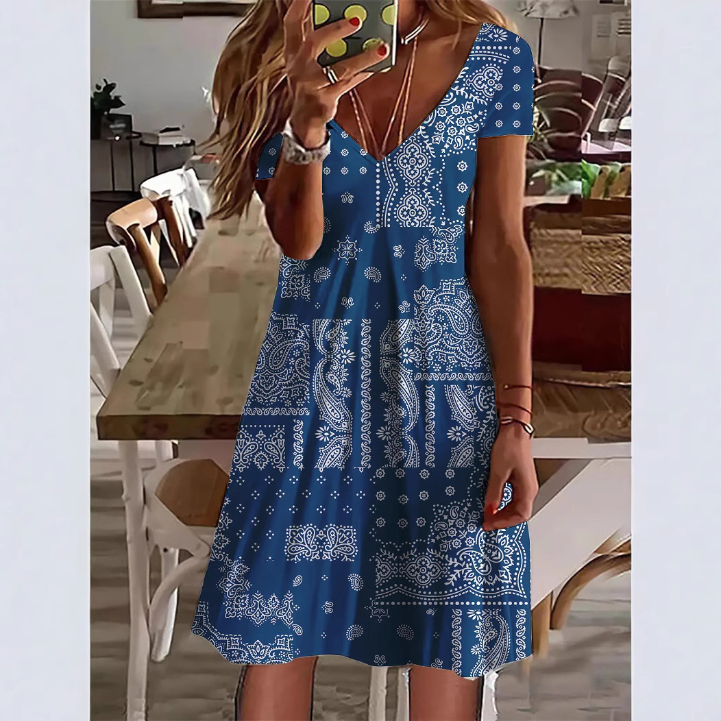 2025 Summer new women's dress, summer new casual V-neck loose print fashionable short sleeved dress, new designer dress