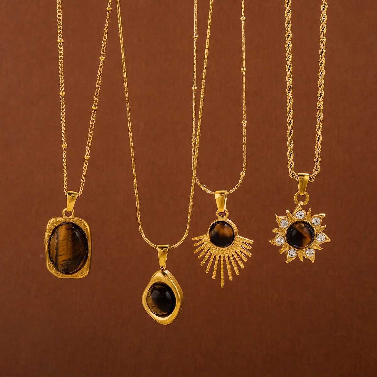 1 PCS Stainless Steel Brown Tiger Eye Stone Pendant Necklace for Women Men Vintage Fine Sweater Chain Jewelry Accessories 2024 W250712