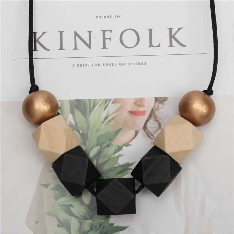 New Wood Geetric Necklace Painted Chunky Faceted Wooden Beads Ball Chunky ather Cord Brown Black Statent W250712