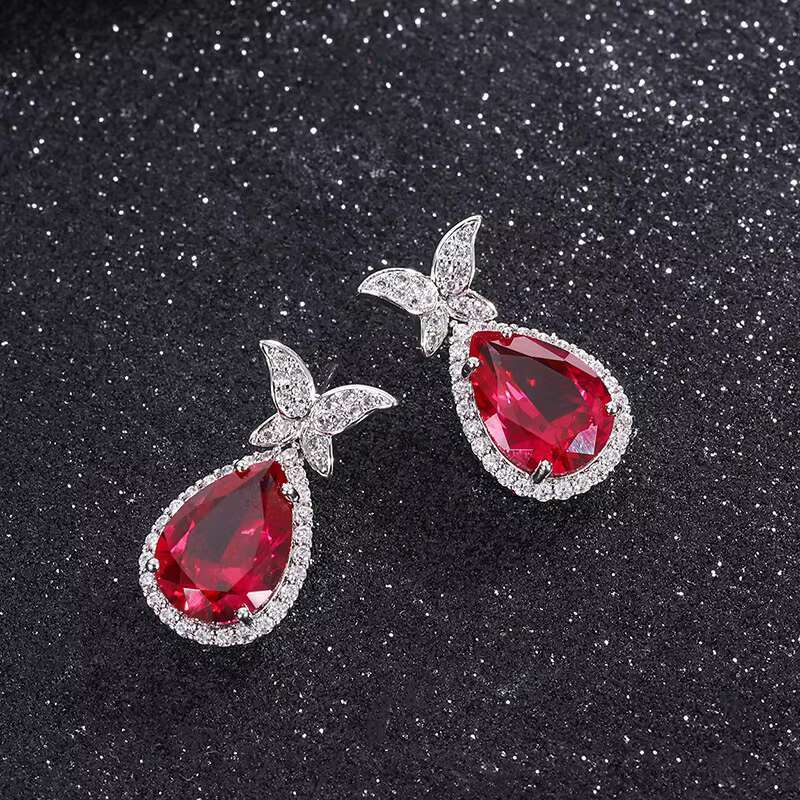 New Exquisite Butterfly Design Big Pear Shaped Red Crystal Cubic Zirconia Earring for Women Wedding Jewelry Drop Earrings