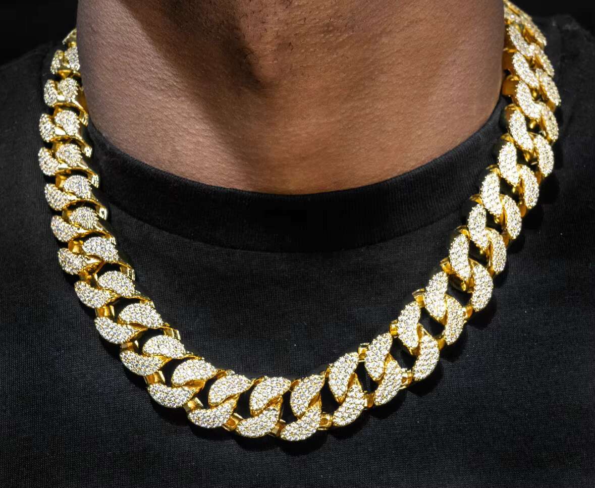 19MM Solid 925 Silver Hip Hop Cuban Link Chain 18K Gold Plated with Studded VVS1 Moissanite Diamond Passes Tester 16-30 Inches