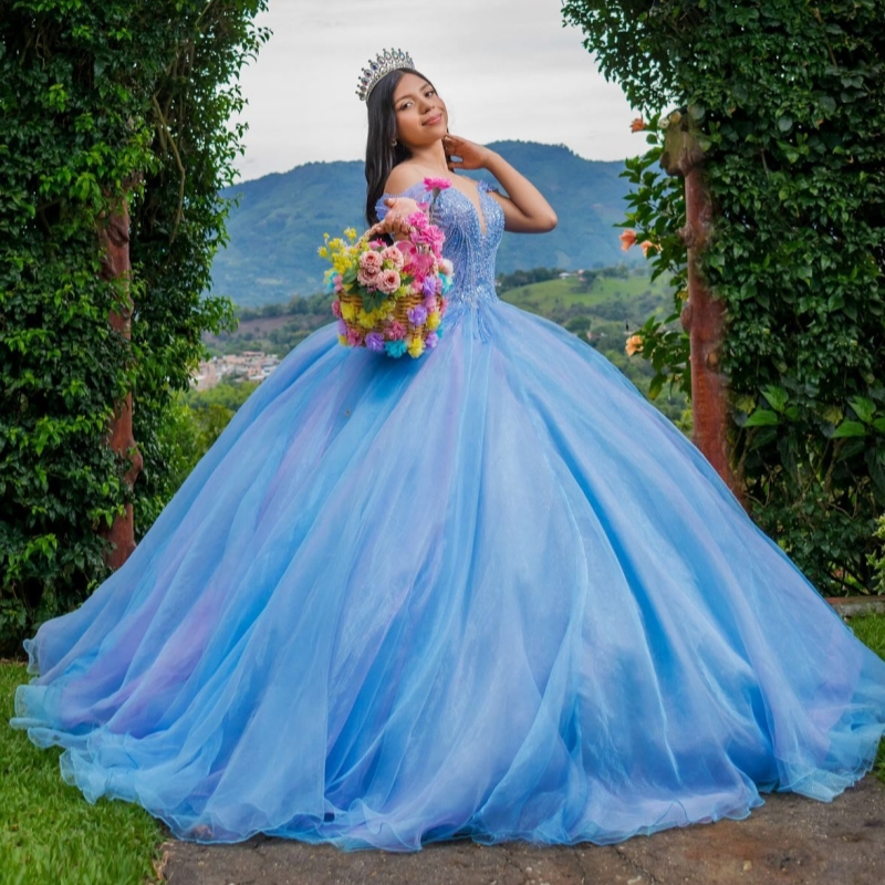 Blue Quinceanera Dresses Ball Gown Off The Shoulder Beading Crystal Tull Party Birthday Sweet 16 Dress Vestidos 15 Anos