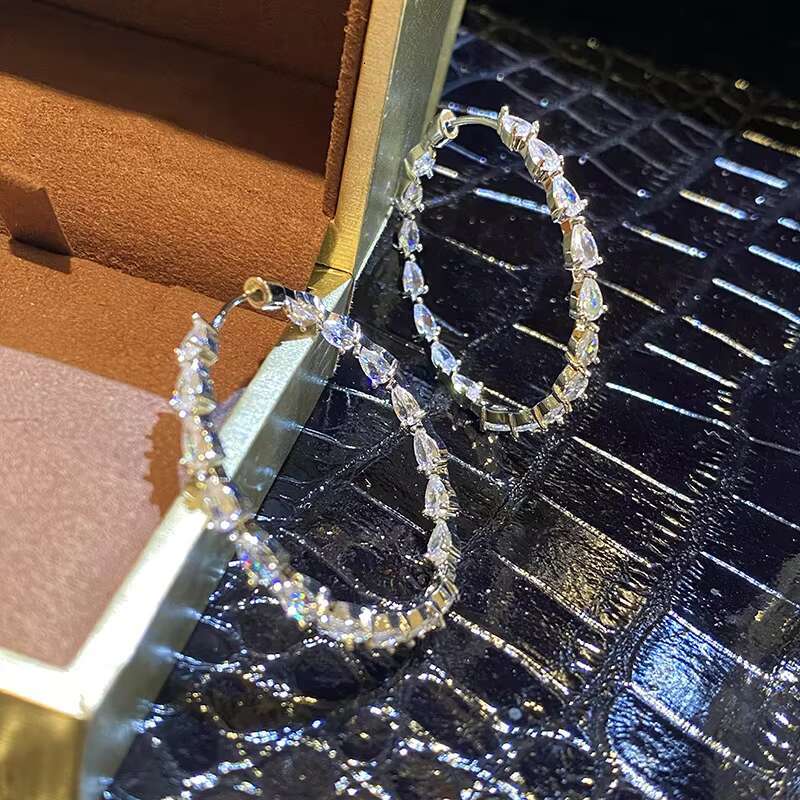 Luxury Pear Design Cubic Zirconia Big Circle Earrings for Wedding Engagement Silver Plated Hoop Earrings for Women Bridal