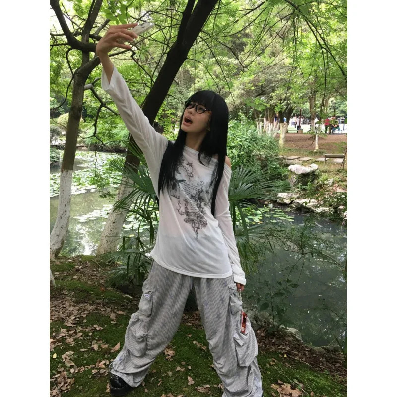 Korean Fashion Graphic Tees Slightly Transparent T Shirt Women Clothing Long Sleeve Loose T-shirt Streetwear Spring Tops 250707