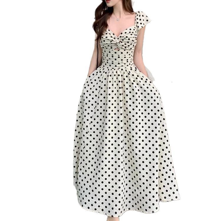 2025 Summer new women's dress with niche design collar polka dot dress pleated waist slim fit long dress elegant style luxurious designer women&#