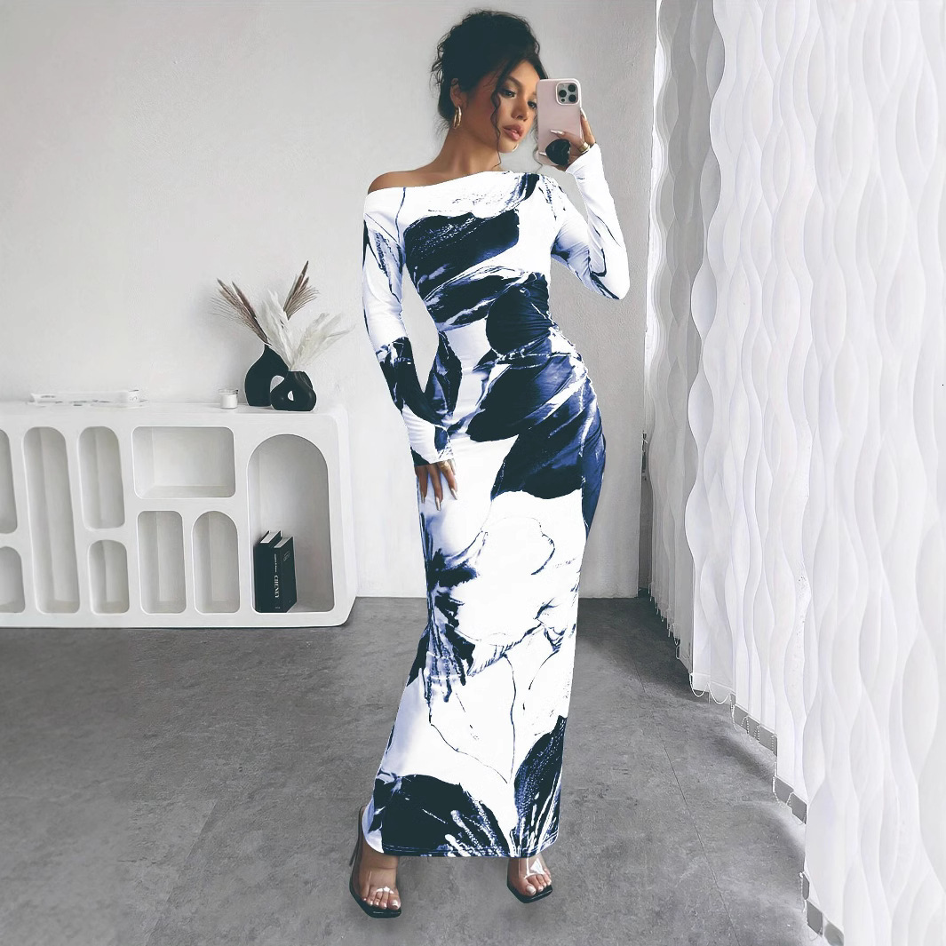 Summer New Women's Skirt New Off Shoulder Elegant Slimming Casual Long Skirt Printed Asymmetric Hip Wrapping Dress New Luxury Designer Women'