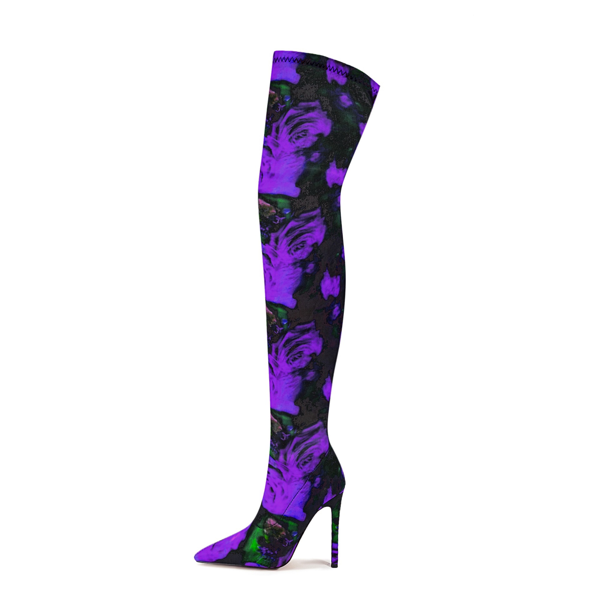 Women's Satin Floral Over-The-Knee Boots - Pointed Toe Stiletto Heel Stretch Thigh High Fashion Boots