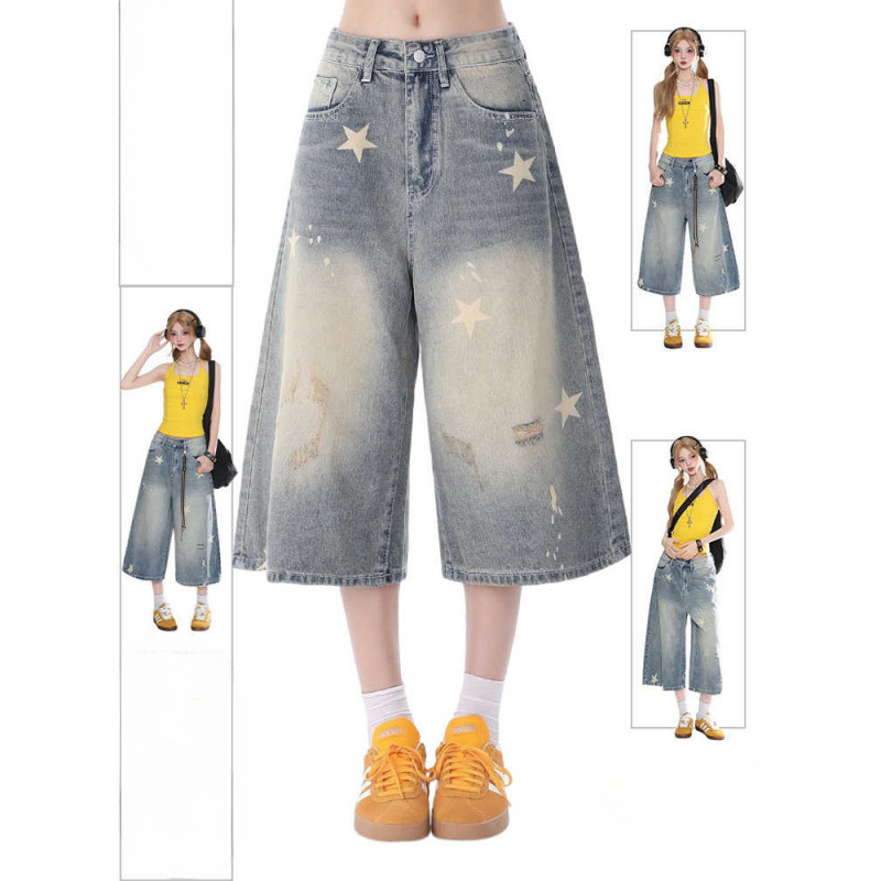 2025 Summer new women's pants women's denim shorts new retro star print loose fit popular cropped pants new designer pants