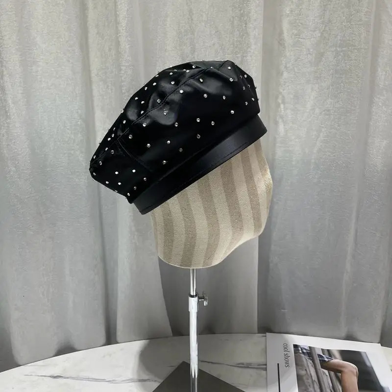 Satin Rhinestone Beret Cap Womens Fashion Black Painter Hat Spring and Autumn Octagonal Hats sboy Gorras Casquette 250712