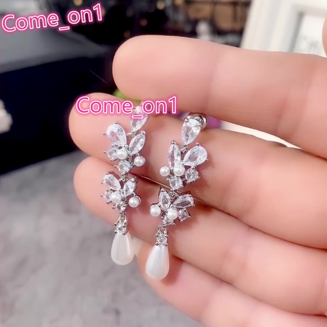 New Trendy Simulated Pearl Zircon Earrings for Women Elegant Engagement Wedding Bridal Earring 925 Silver Plating