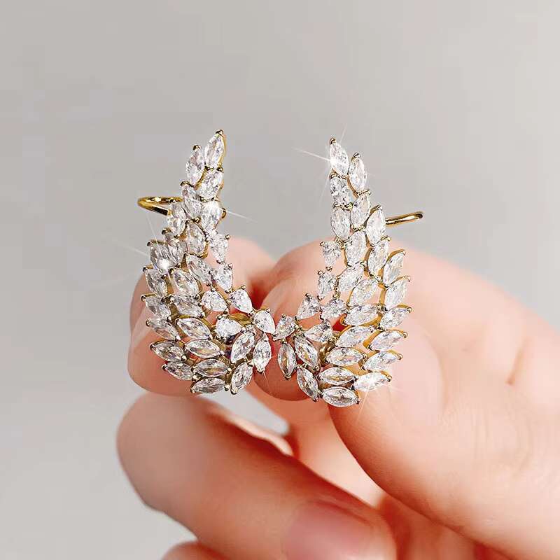 Angel Wing Feather Silver Gold Plated Zirconia Earrings Wedding Engagement Ear Bone Clip Bridal Stud Earrings for Women