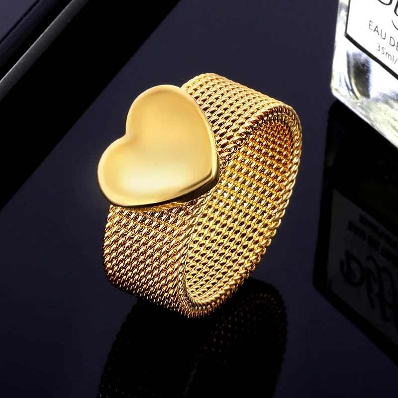 Fashion Love Heart Mesh Rings Charm Reticulate Shiny Stainless Steel Round OL Finger Ring For Men Women Wedding Party Jewelry 250708