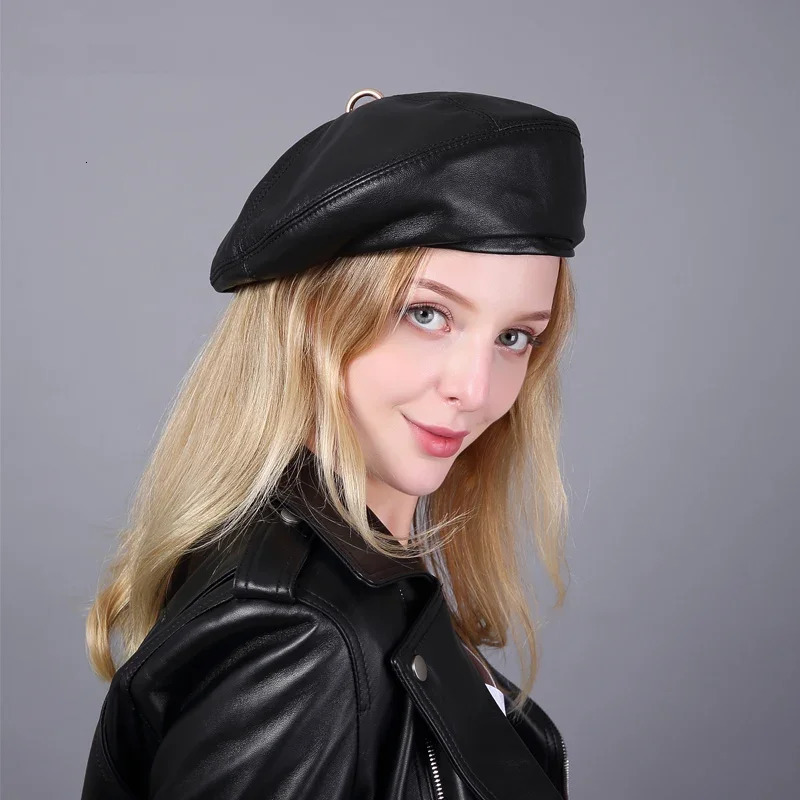 Spring/Winter 100% Real Leather Beret Hat Women Fashion European Pumpkin Painter Caps Female Rainbow Color White/Red Thin Boina 250712
