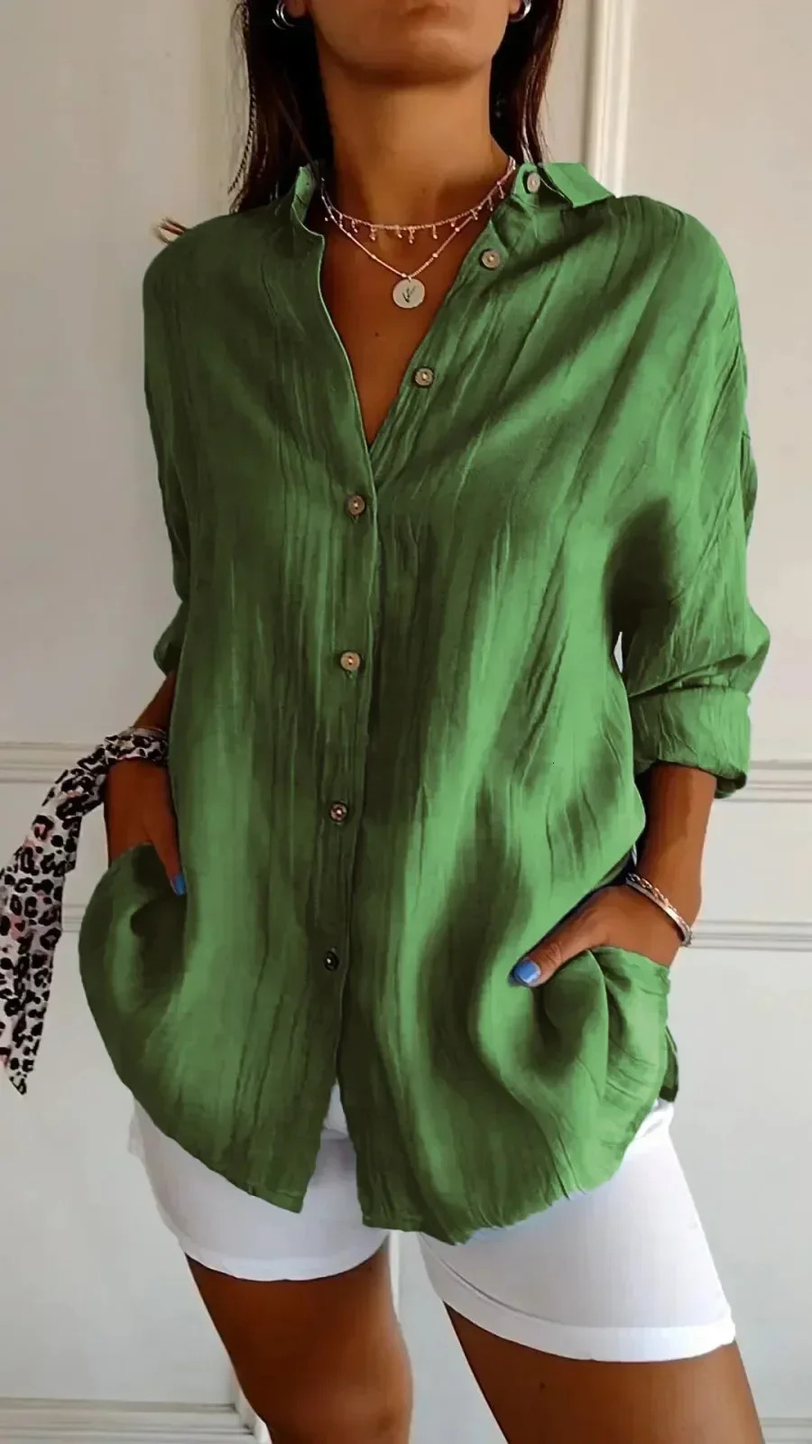 Womens Cotton Linen Casual Single-Breasted Pleated Lapel Shirt V Neck Button Shirt Loose Comfy Solid Retro Roll-up Sleeve Top 250708
