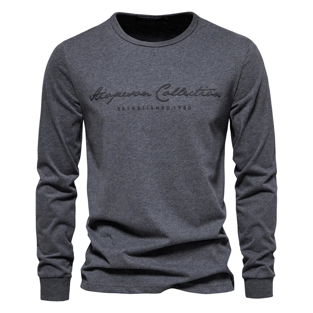 AIOPESON 100 Cotton Long Sleeve Mens Tshirt Solid Color Letter Print Casual T shirts for Men Spring Tops Tee Clothing 250707