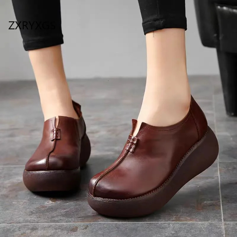ZXRYXGS 2024 Autumn Round Toe Superior Genuine Leather Shoes Wedges Thick Sole Heightening Shoes Woman Non-slip High Heels 250707