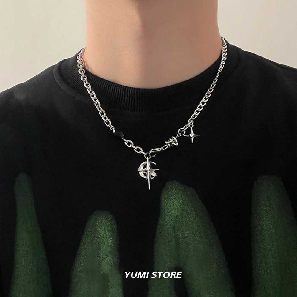 Hip Hop Moon Star Pendant Necklace For Men Wen Titanium Steel Spld Sweater Chain Kpop Unisex Jewelry Street Punk Accessories W250712