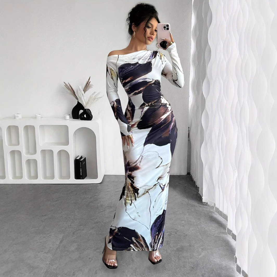 Summer New Women's Skirt New Off Shoulder Elegant Slimming Casual Long Skirt Printed Asymmetric Hip Wrapping Dress New Luxury Designer Women'