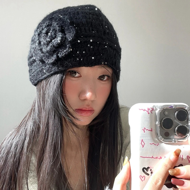 Crochet Knitted Hat Spring Autumn Thick Line Handmade Winter Female Vintage Fashion Beanies Hat Y2k Girls 250712