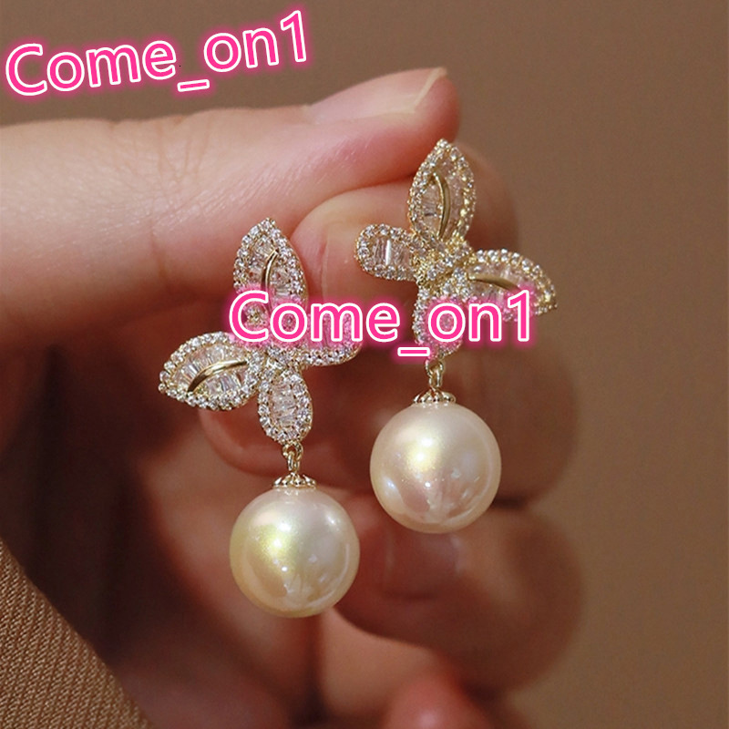 Custom High Quality Butterfly Design Sparkling Zircon Pearl Earrings Women Wedding Silver/Gold Plated CZ Pendant Earrings