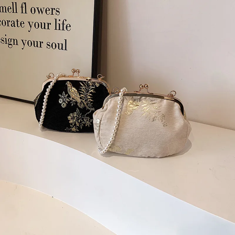Retro Fashion Chinese Style Print Small Purses Clutch Vintage Black White Seashell Shoulder Bag For Women Party Pearl Handbag