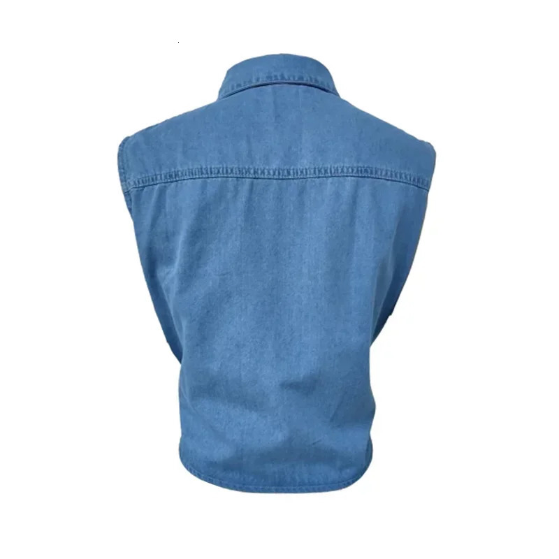 Summer Laceup Hem Single Pocket Splice Shirt Women Lapel Singlebreasted Cardigan Thin Denim Blouse Female Sleeveless Tops 250704