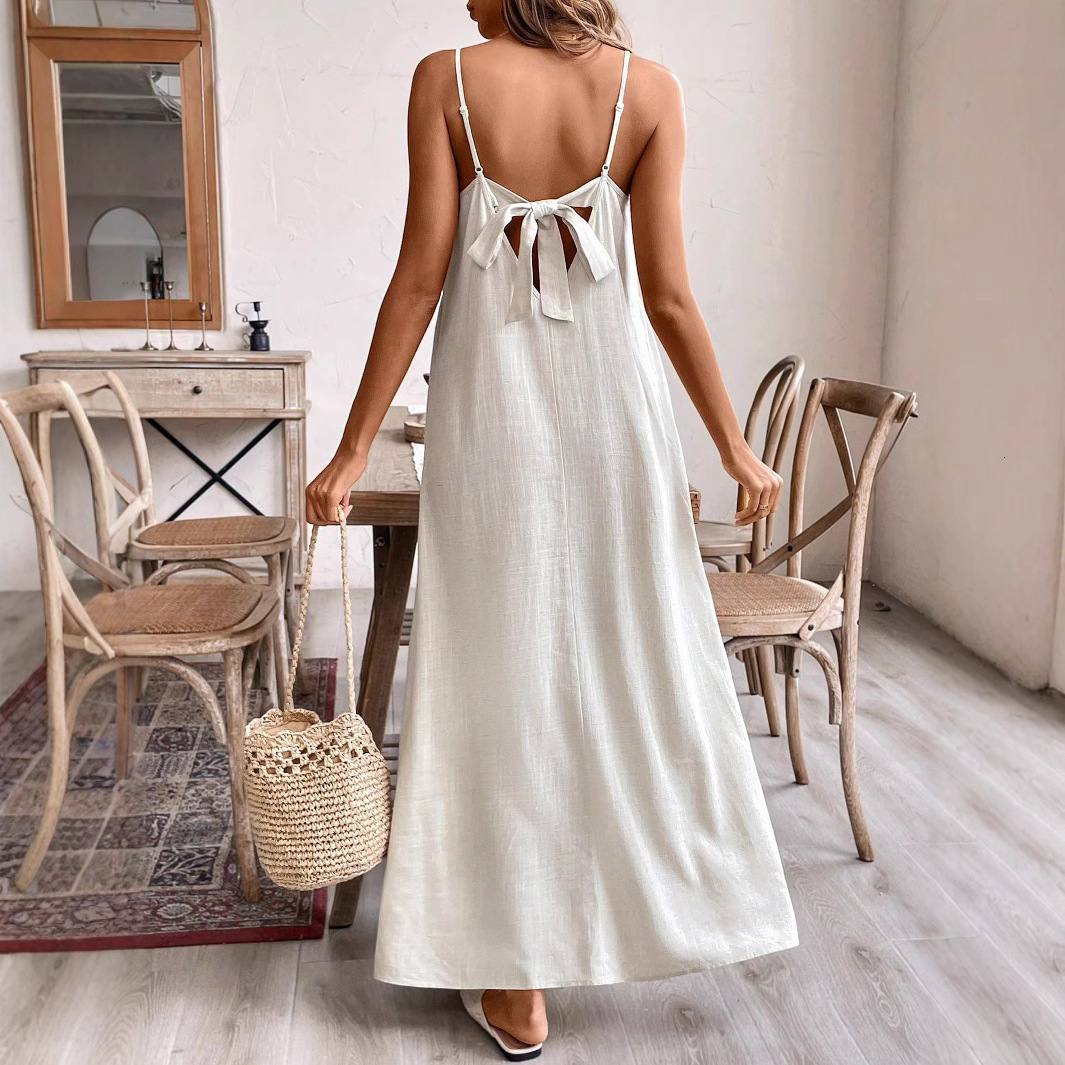 2025 Summer New Women's Fashion Skirt Solid Color Cotton and Hemp Dress Loose Strap Casual A-line Long Skirt New Luxury Designer Women's Ski