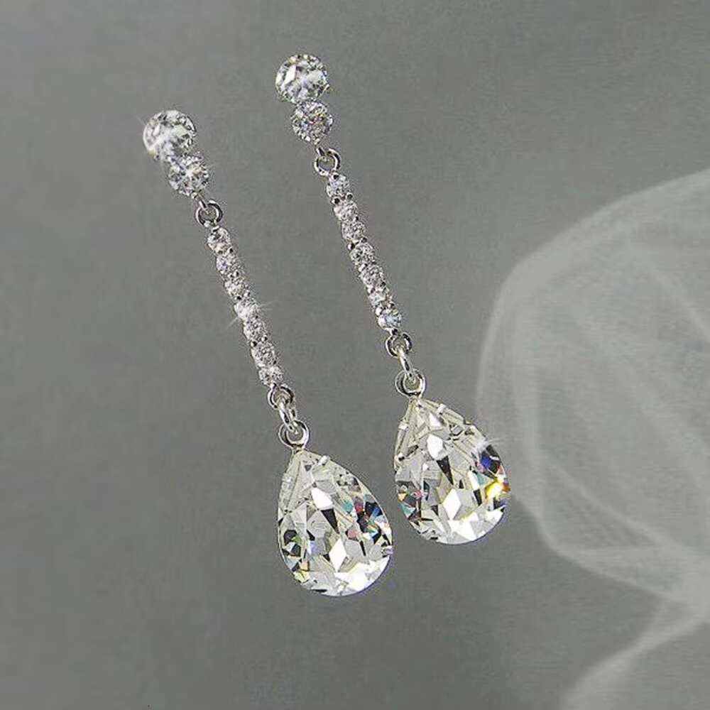 Luxury Women Jewelry Earrings Imitated Diamond Silver Plating Pear Design Elegant Wedding Women Long Hanging Earrings