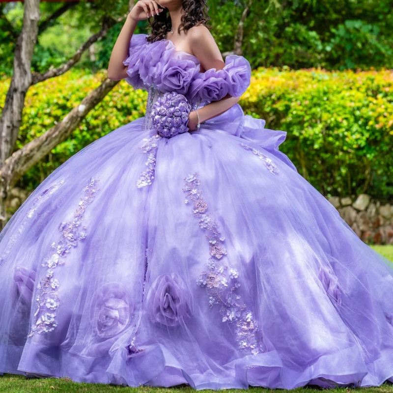 Lavender Shiny Quinceanera Dresses Ball Gown Off The Shoulder Applique Flower Beading Crystal Bow Tull Corset Party Birthday Sweet 16 Dress Vestidos 1