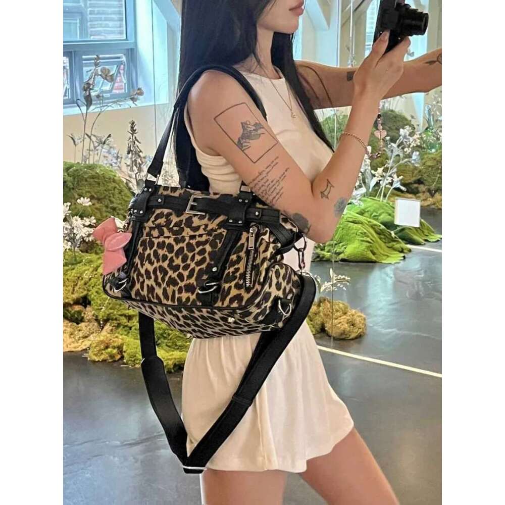 Trendy Fi Yoga Large Capaci Commuter Crossbody Handbag Women's Soft Handle Leopard Print Boston Bag