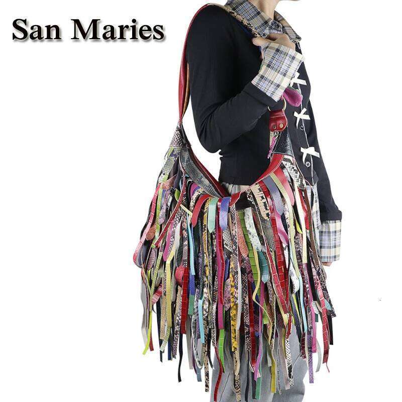 San Maries High Quality Snake Pattern Cowhide Leather Tassels Fashion Tote Women Shoulder Bag Fringe Patchwork Handbags Hobos