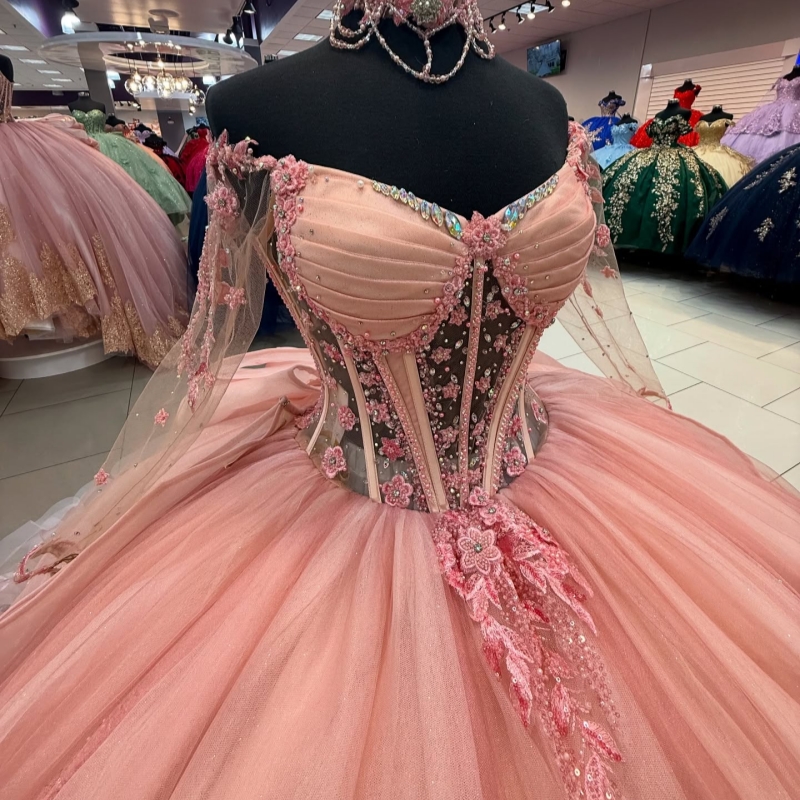 Pink Quinceanera Dresses Ball Gown Off The Shoulder Applique Lace Beads Bow Tull Corset Party Birthday Sweet 16 Dress Vestidos 15 Anos