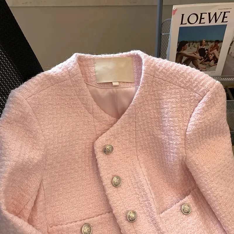 Pink Korean Tweed Cropped Jackets Tops Women Sweet O-neck Long Sleeve Short Abrigos Vintage Single Breasted Coats Blusas 250709